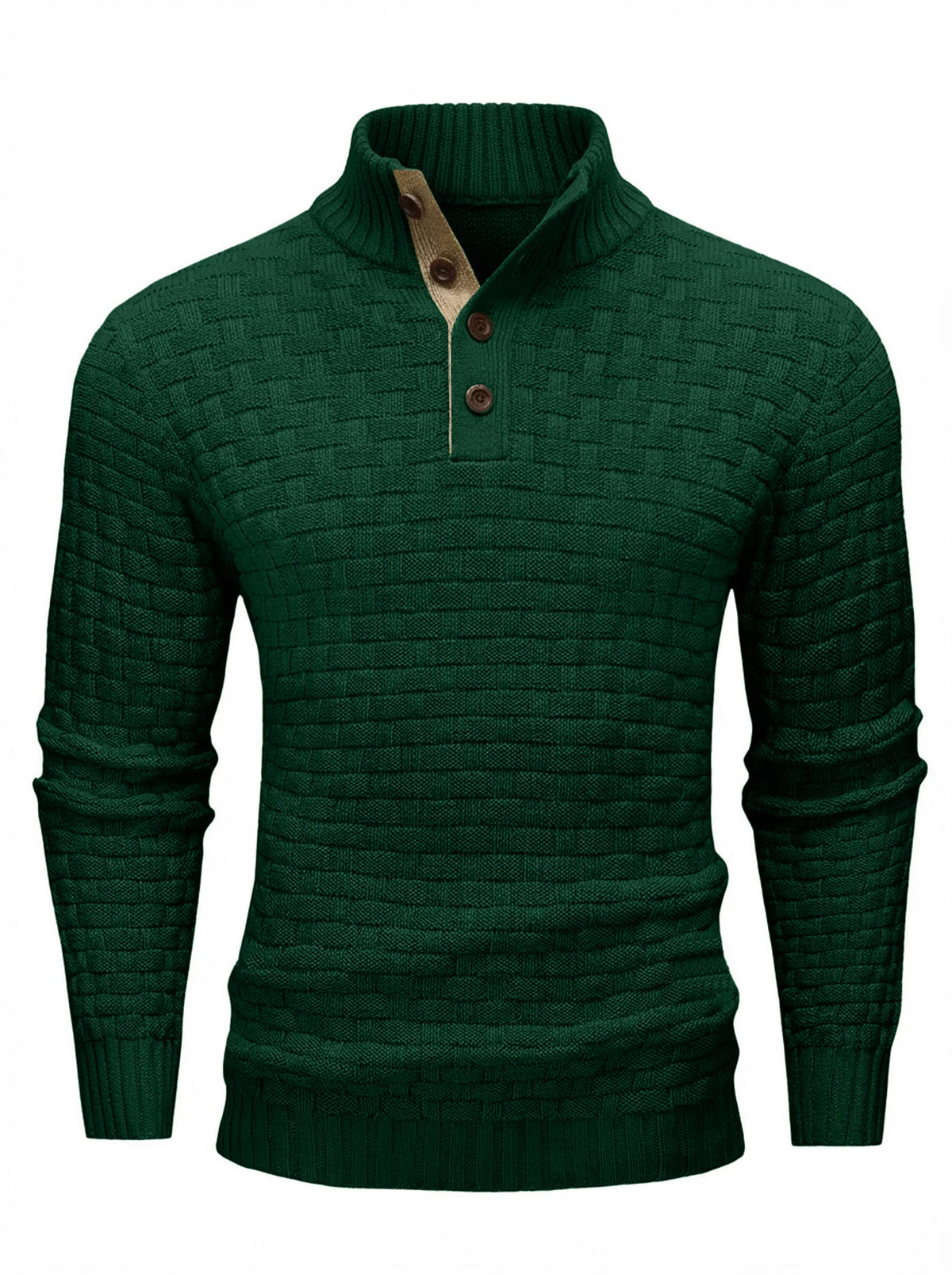 Men's Winter Warm Knit Sweater Button Turtleneck Woven Texture Slim Fit Casual Top