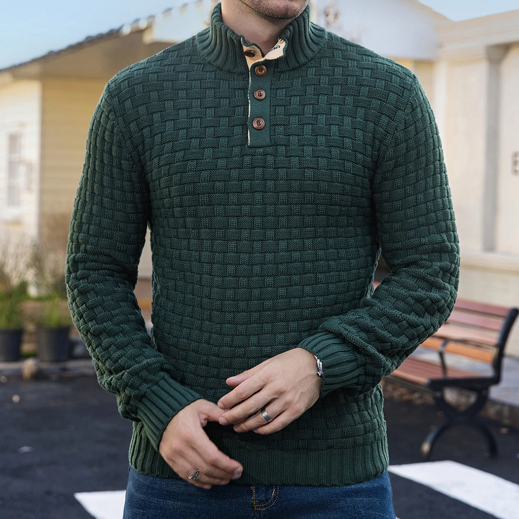 Men's Winter Warm Knit Sweater Button Turtleneck Woven Texture Slim Fit Casual Top