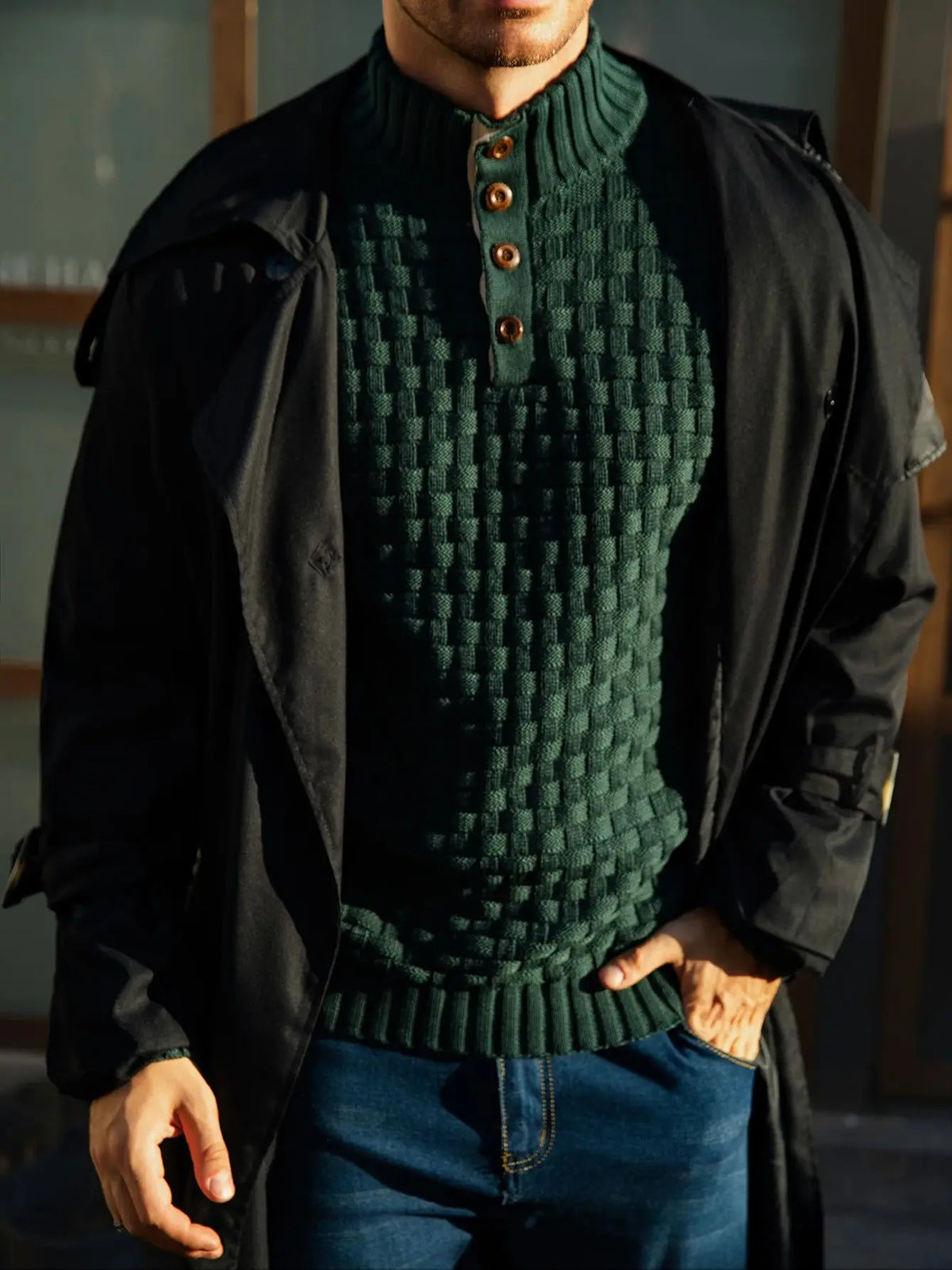 Men's Winter Warm Knit Sweater Button Turtleneck Woven Texture Slim Fit Casual Top