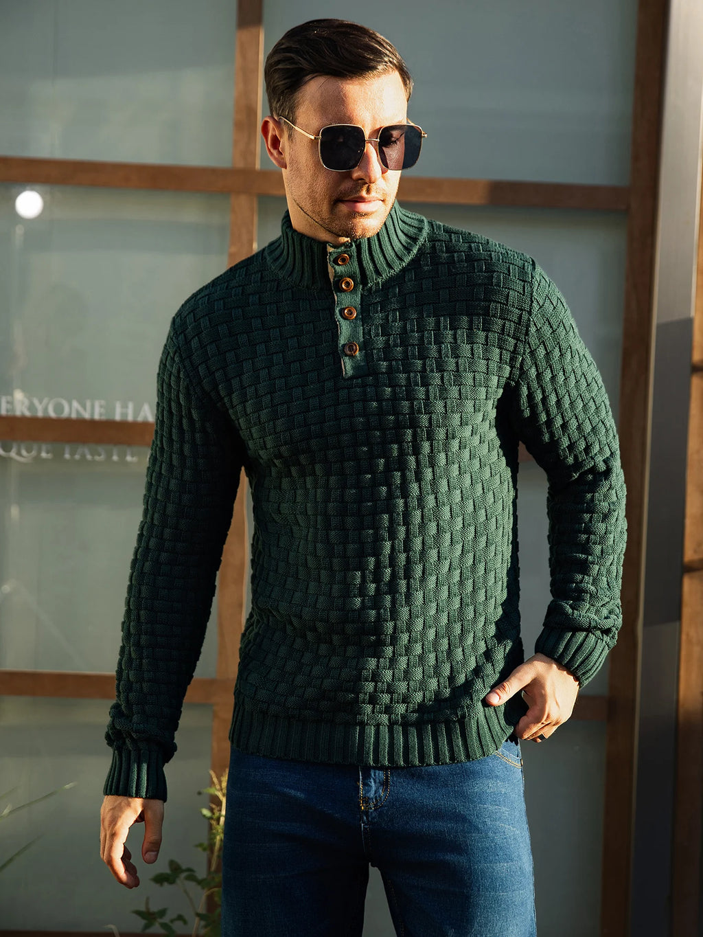 Men's Winter Warm Knit Sweater Button Turtleneck Woven Texture Slim Fit Casual Top