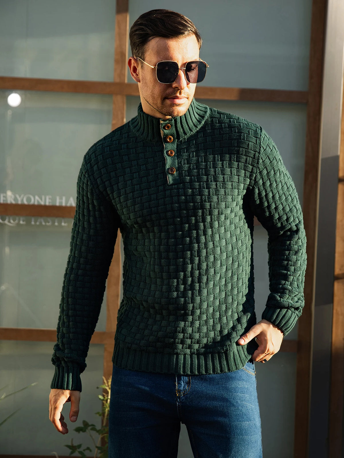 Men's Winter Warm Knit Sweater Button Turtleneck Woven Texture Slim Fit Casual Top