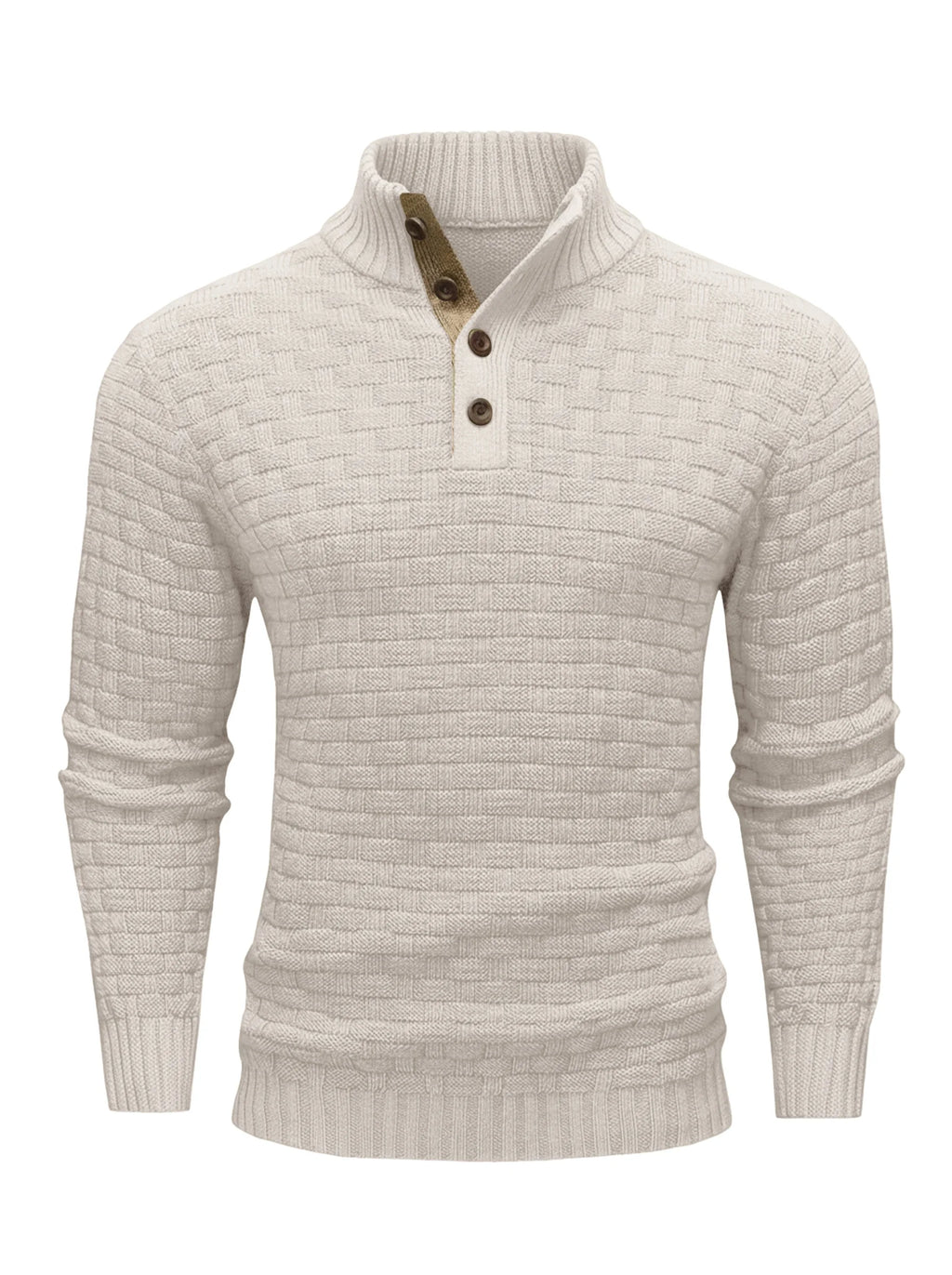 Men's Winter Warm Knit Sweater Button Turtleneck Woven Texture Slim Fit Casual Top