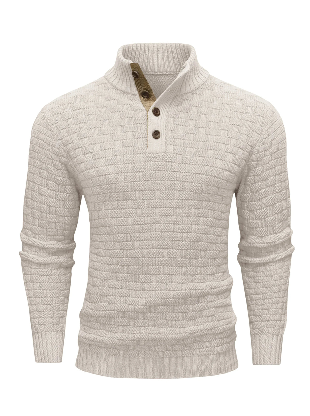 Men's Winter Warm Knit Sweater Button Turtleneck Woven Texture Slim Fit Casual Top