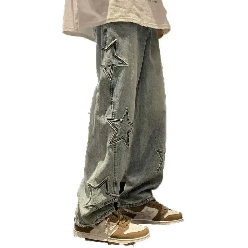 Star Embroidered Wide Leg Jeans