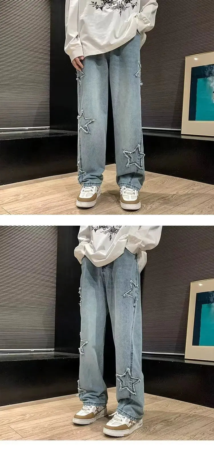 Star Embroidered Wide Leg Jeans
