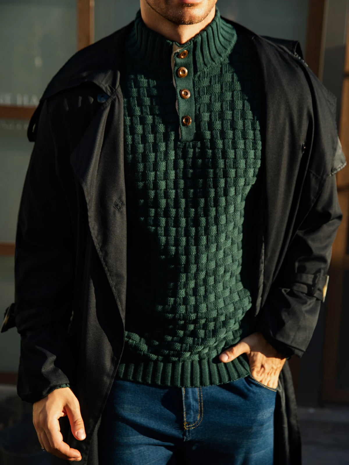 Men's Winter Warm Knit Sweater Button Turtleneck Woven Texture Slim Fit Casual Top