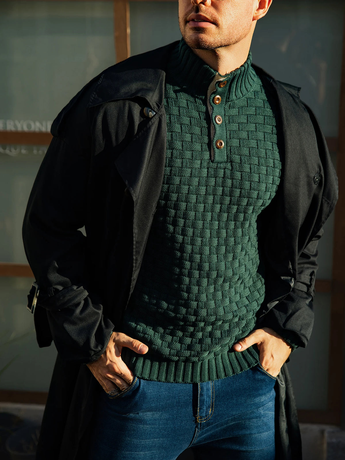 Men's Winter Warm Knit Sweater Button Turtleneck Woven Texture Slim Fit Casual Top