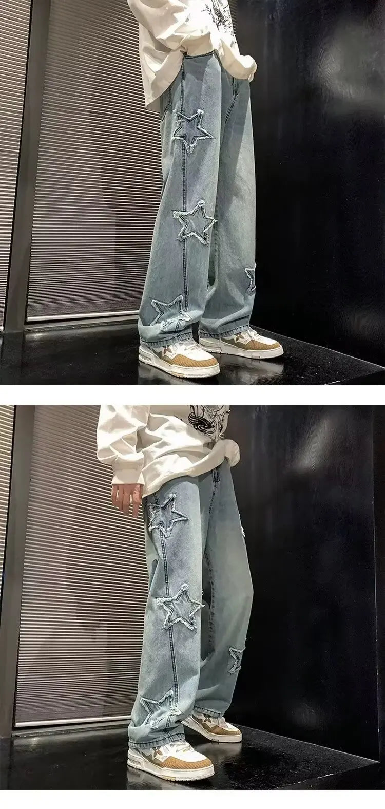 Star Embroidered Wide Leg Jeans