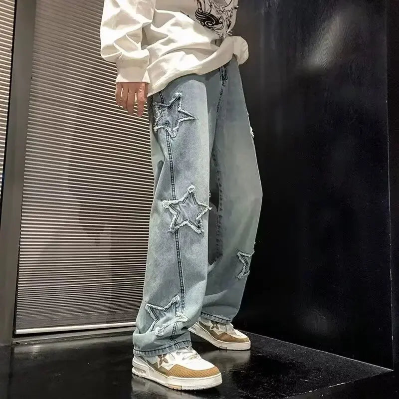 Star Embroidered Wide Leg Jeans