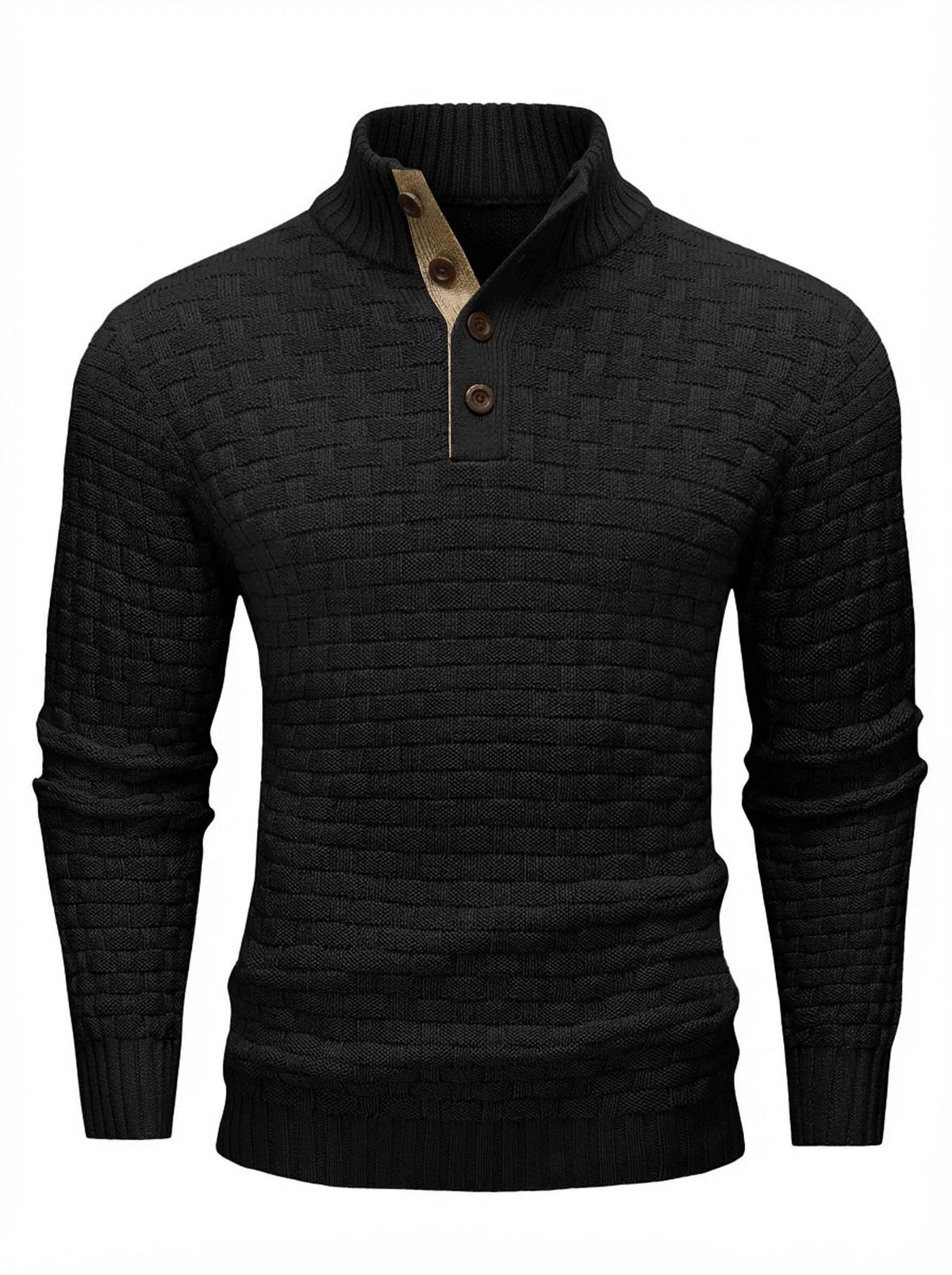 Men's Winter Warm Knit Sweater Button Turtleneck Woven Texture Slim Fit Casual Top