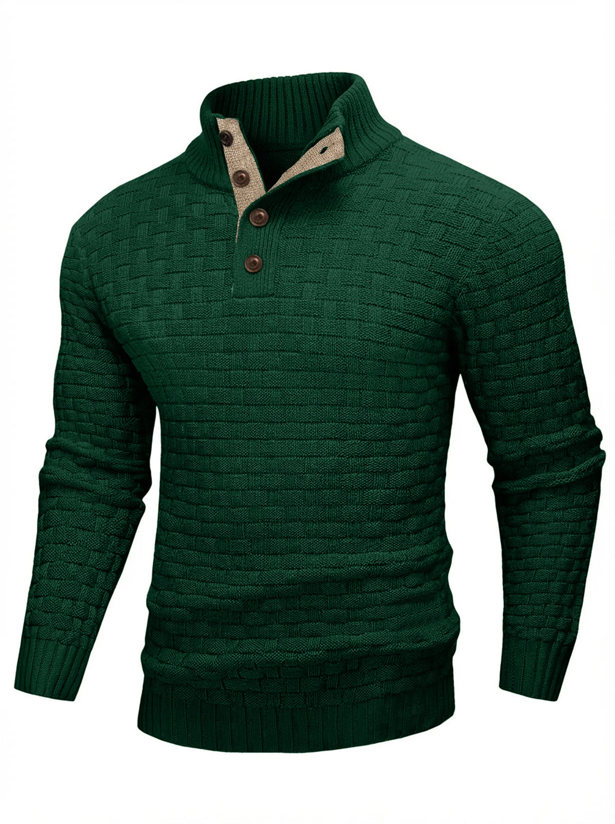 Men's Winter Warm Knit Sweater Button Turtleneck Woven Texture Slim Fit Casual Top